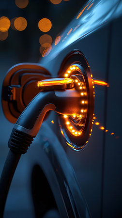 Charging an electric car with electrical cable, close-up.