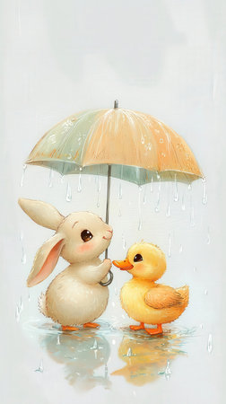Bunny and duck under an umbrella in the rain. Watercolor illustration.の写真素材