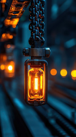 Close up of a yellow light bulb with chain on the railway.の写真素材