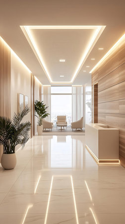 Interior of modern office hall with white walls, tiled floor and long wooden reception desk. 3d...