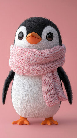 Cute penguin wearing scarf on pink background.の写真素材