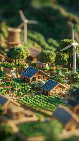 Miniature model of the village with wind turbines and solar panels.