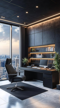 Luxury office interior with panoramic window and city view. Workplace concept. 3D Renderingの写真素材