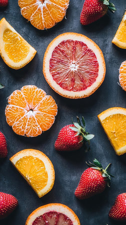 Variety of citrus fruit on dark background. Top view, flat layの写真素材