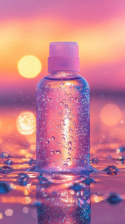 Cosmetic bottle with droplets of water on the background of the sunsetの写真素材