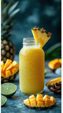 Fresh pineapple smoothie in a glass jar on a dark background.の写真素材