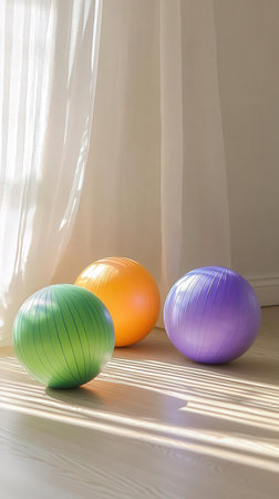 Multicolored balls for pilates on the floor in the roomの写真素材