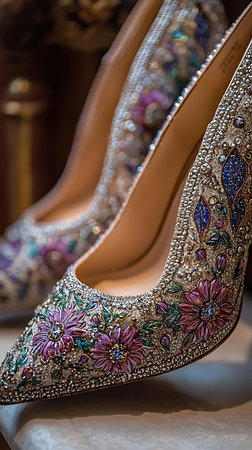 Luxury high heel shoes in a shop window, close upの写真素材