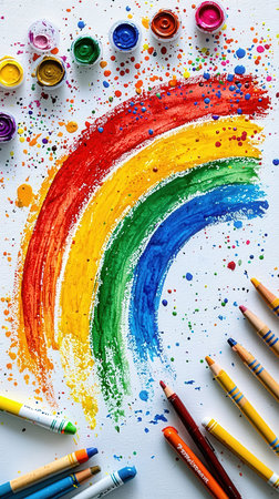 Children's drawing of a rainbow with paints and brushes on a white backgroundの写真素材