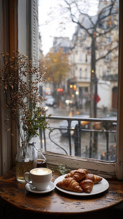 Cup of coffee and croissants on the windowsill in Paris
