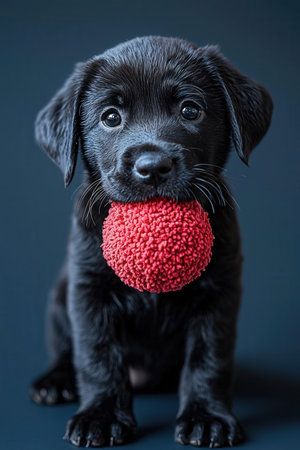 Cute black labrador puppy with red ball. Studio shot.