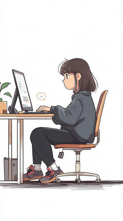 Illustration of a young woman working on a computer at home.の写真素材