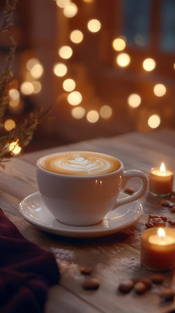 Cup of cappuccino or latte coffee with christmas lights on backgroundの写真素材