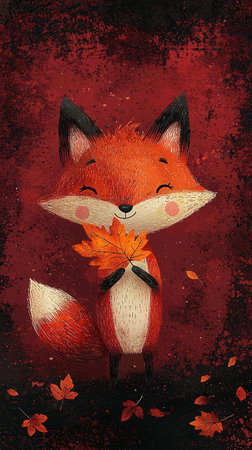 illustration of a cute fox with autumn leaves on grunge backgroundの写真素材