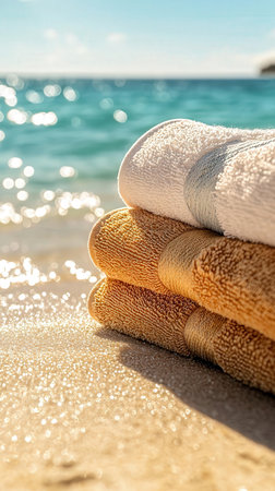 Towels on the beach with the sea in the background.の写真素材