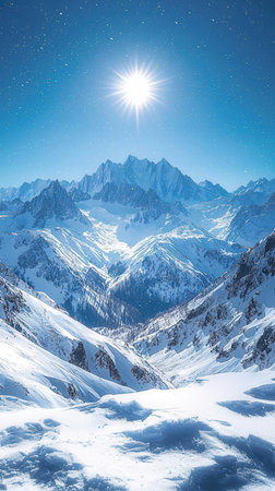 Beautiful winter landscape with snow-capped mountains and starry skyの写真素材