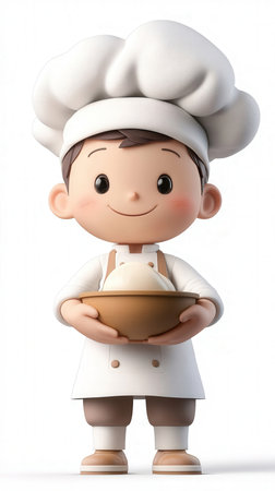 3D Render of a Little Chef with a bowl on white backgroundの写真素材