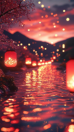 Lanterns floating on the river at night in china