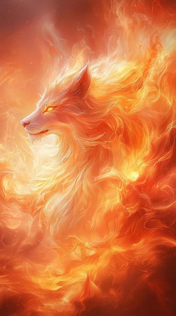 Flaming fox on a fire background. Fantasy fractal illustration.の写真素材