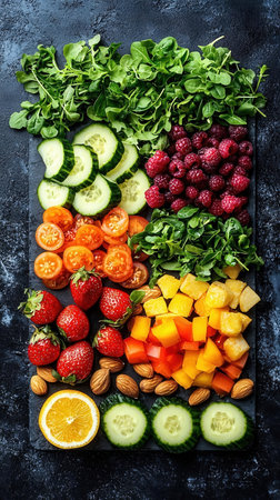 Healthy food background. Fresh fruits and vegetables on black slate board.の写真素材