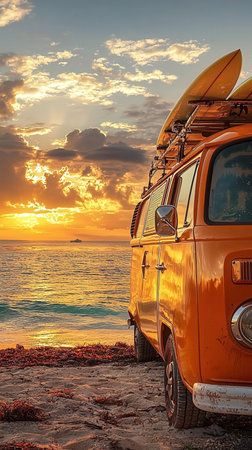 Vintage camper van with surfboard on the beach at sunsetの写真素材
