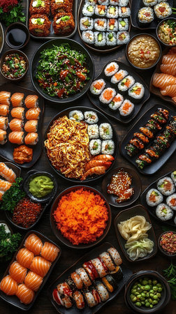 Japanese food restaurant. Sushi set on wooden background. Top viewの写真素材