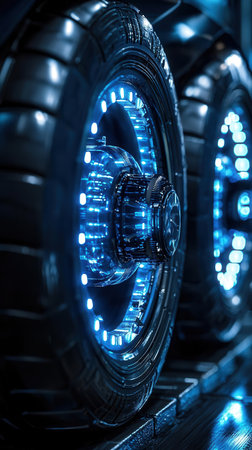 Close up of car tire with blue led lights. 3D renderingの写真素材