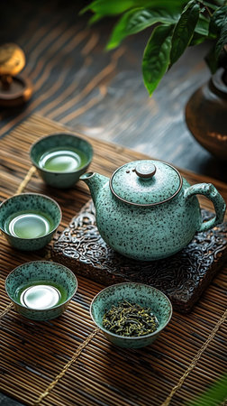 tea ceremony with teapot and green tea on wooden tableの写真素材