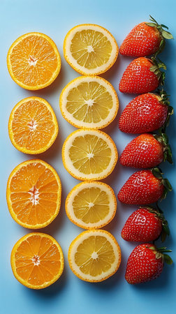 Slices of lemon, orange and strawberry on a blue backgroundの写真素材