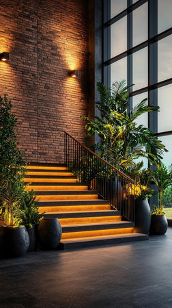 Interior of a hotel lobby with stairs and plants. 3d renderingの写真素材