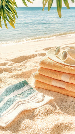 Towels and sun glasses on the beach. Toned.の写真素材