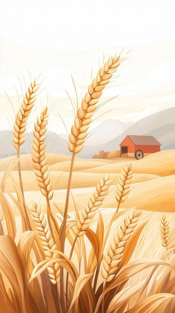 Wheat field with barn on the horizon. Rural landscape. Vector illustration.の写真素材