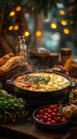 Casserole with cheese, tomatoes and herbs on a wooden backgroundの写真素材