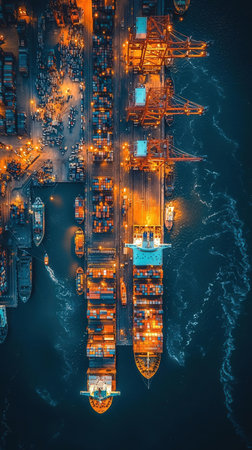 Aerial view of cargo ship and container yard at night for Logistic Import Export background
