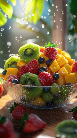 Fruit salad in a glass bowl with splashes of water.