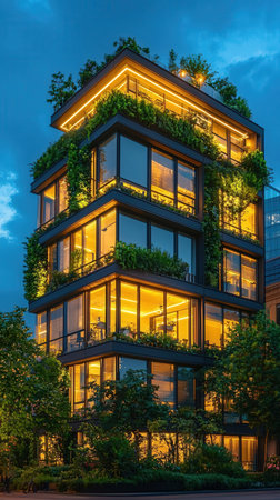 Modern apartment building at night in Frankfurt am Main, Germany, Europe.