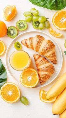 Croissant, orange juice and fruits on white table, top viewの写真素材