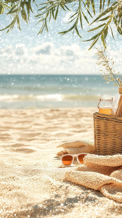 Beach accessories on sand near sea, space for text. Summer vacationの写真素材