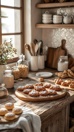 Cookies on a wooden table in a rustic kitchen. Copy space.の写真素材