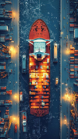 Top view of cargo ship with containers in the port at night.