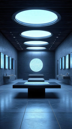 3d rendering of a futuristic interior with a lot of blue lights