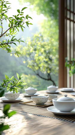 Tea set on table in Japanese garden, closeup. Space for textの写真素材