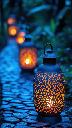 Lanterns in the garden at night. Selective focus.の写真素材