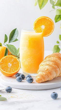 Fresh orange juice with croissant and blueberry on white backgroundの写真素材