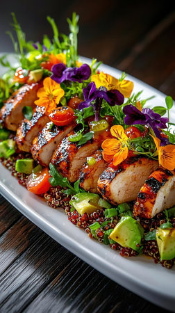 Grilled chicken breast with quinoa, avocado and edible flowers.の写真素材