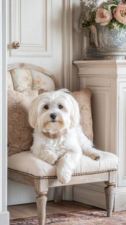 Cute Maltese dog sitting on a chair in a living room