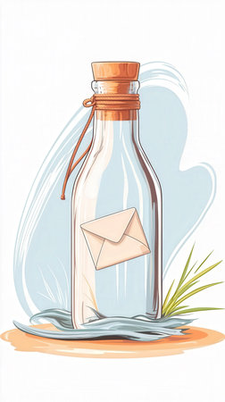 Illustration of a letter in a glass bottle on a white backgroundの写真素材