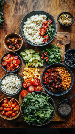 Healthy vegetarian food in black bowls on wooden table. Top viewの写真素材