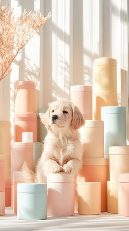 Cute Golden Retriever puppy with bottles of cosmetic products on light backgroundの写真素材