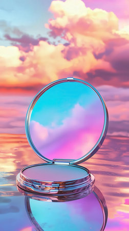 Cosmetic mirror with reflection on the water surface. 3d render